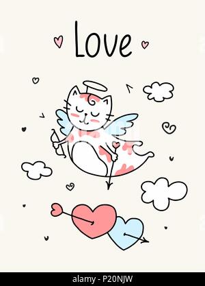 Cute cupid cat flies in the sky with bow and arrow around many hearts. Vector love and Valentine`s Day flat animal illustration card Stock Vector
